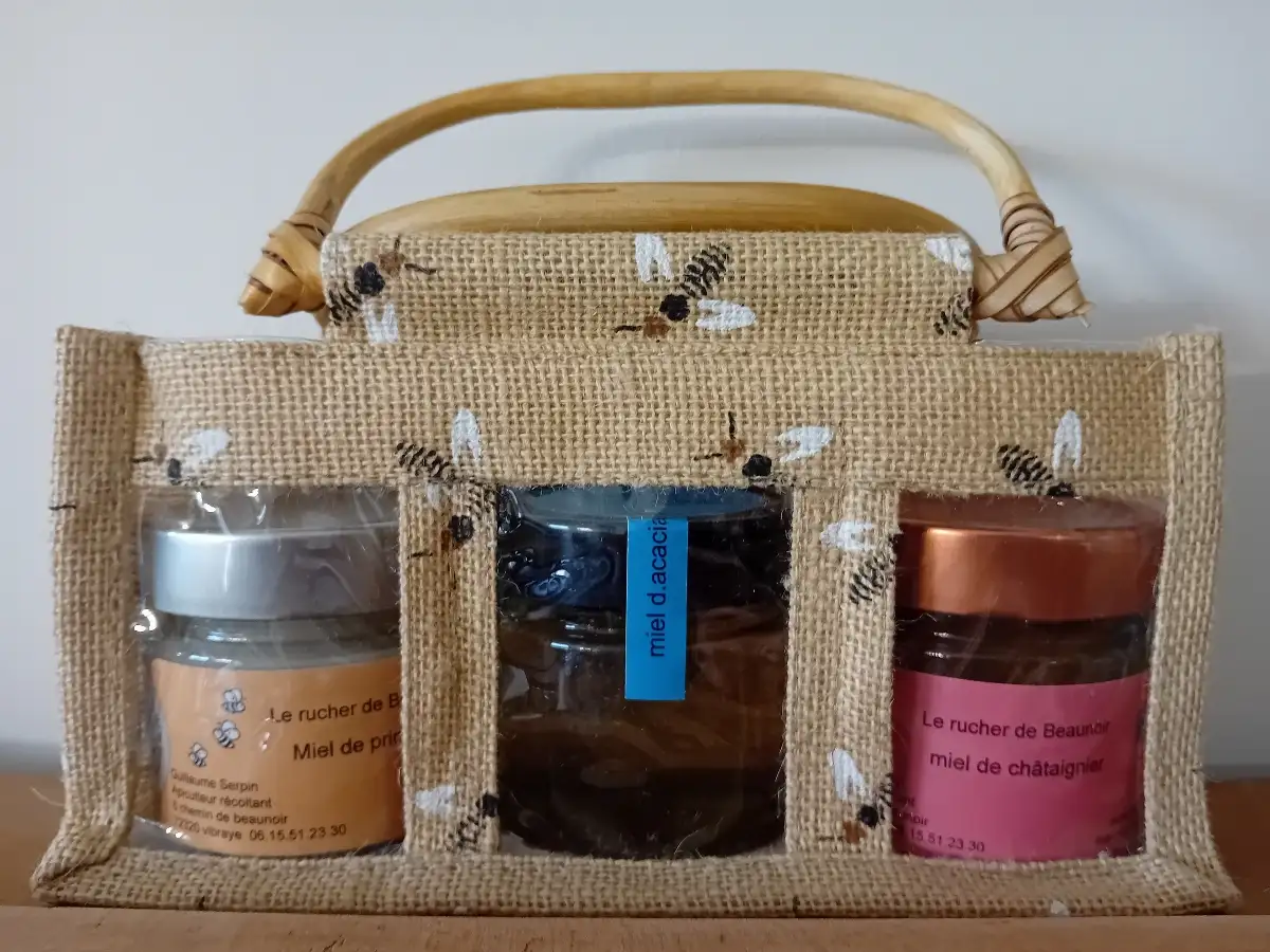 Panier gourmand motif abeille - 3 pots de miel